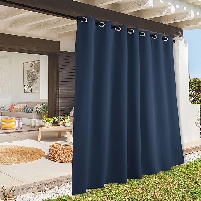 RYB HOME Extra Wide Outdoor Curtains for Patio Waterproof Heavy Duty Thermal Insulated in Summer Full Coverage Privacy for Gazebo, Cabana & Pergola, W100" x L90", Navy Blue, 1 Panel