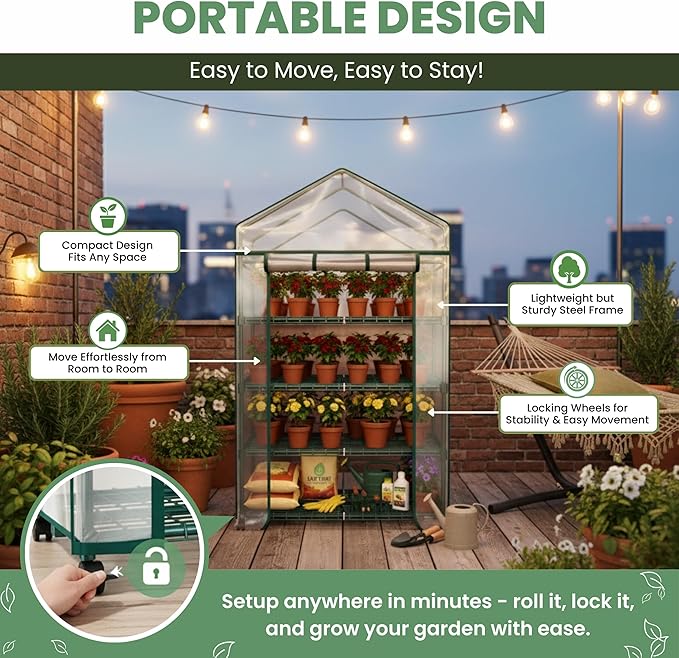 4 Tier Mini Greenhouse - Portable Greenhouse with Locking Wheels and PVC Cover for Indoor or Outdoor - 27 x 19 x 63-Inch Green House by Pure Garden