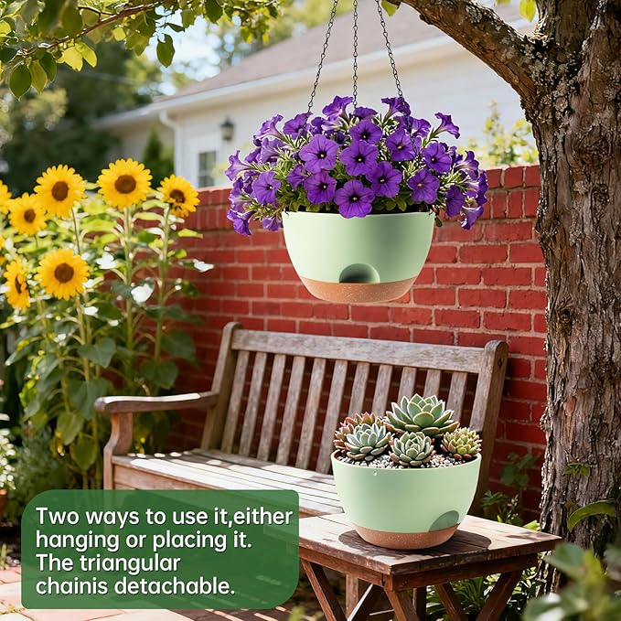 4-Piece Set of 8-Inch Hanging Planters with Automatic Watering System and Drip Tray, Includes Metal Chain, Suitable for Various Indoor and Outdoor Plants and Flowers, Green-Brown