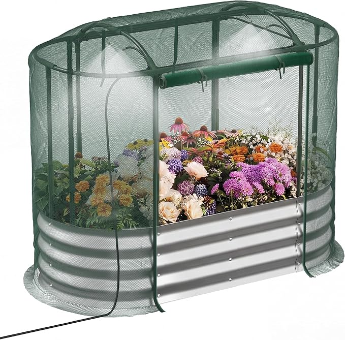 Raised Garden Bed with Self-Watering System, 4x2x1 ft Elevated Planter Boxes Outdoor with Mesh Cover, Oval Galvanized Raised Beds for Gardening,Vegetables,Flowers, Backyard, Patio