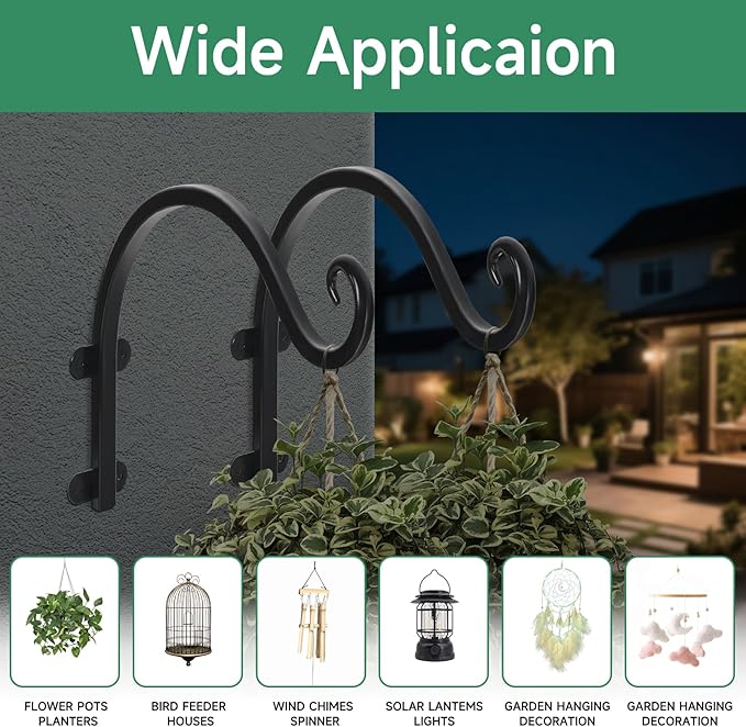 4 Pack 12Inch Plant Hanger, Sturdy Hanging Plant Bracket Hooks Outdoor, Bird Feeder Hanger for Bird Feeders, Planters, Lanterns, Wind Chimes Indoor Outdoor (Black)