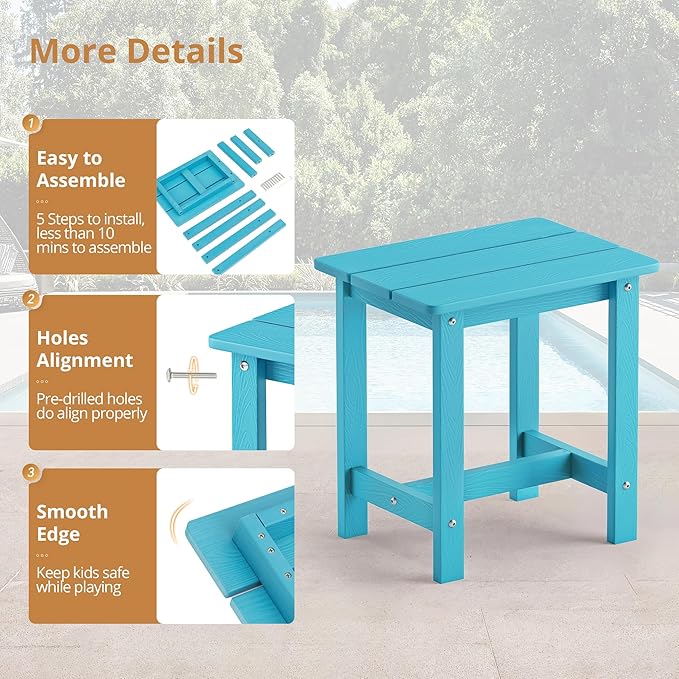 LUE BONA Outdoor Side Table, HDPS Small Outdoor Table, Rectangle Adirondack Side Table, Outside End Table for Patio, Porch, Pool, Weather Resistant/Easy Maintenance/Indoor or OutsideUse, Sky Blue