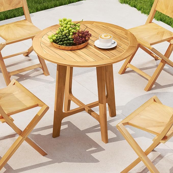 Tangkula 31.5" Round Patio Dining Table, Teak Wood Outdoor Dining Table with Slatted Tabletop, X-Shaped Frame & 4 Sturdy Supporting Legs, Indoor or Outside Table for Deck, Garden, Poolside & Backyard