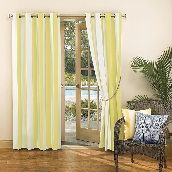 Sun Zero Valencia 2-Pack Cabana Stripe Indoor/Outdoor UV Protectant Energy Efficient Grommet Curtain Panel Pair, Yellow, 54" x 108