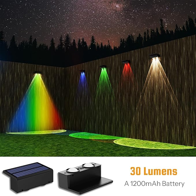 8-Pack Multi-Color Solar Spotlights for Fence & Wall - 30 Lumen High Brightness, 5 Modes (RGB Color Changing + Warm White) | Easy Mount for Steps, Patio, Yard - Matte Black
