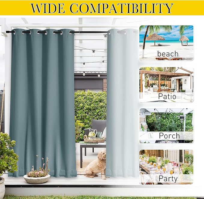NICETOWN 2 Panels Waterproof Outdoor Curtains Fixed Grommet & Back Tab on Top & Bottom, Thermal Insulated Keep Rain & Sun Out Blackout Windproorf Outdoor Drapes with Rope, W52 x L84, Greyish Blue