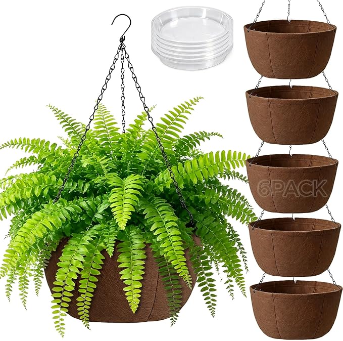 T4U Hanging Planters for Outdoor Plants, 12 Inch 6 Pack Fabric Hanging Baskets with Drainage Tray, Decorative Hanging Pots for Plants Outdoor Patio Porch Garden Use（Brown）