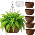 T4U Hanging Planters for Outdoor Plants, 12 Inch 6 Pack Fabric Hanging Baskets with Drainage Tray, Decorative Hanging Pots for Plants Outdoor Patio Porch Garden Use（Brown）