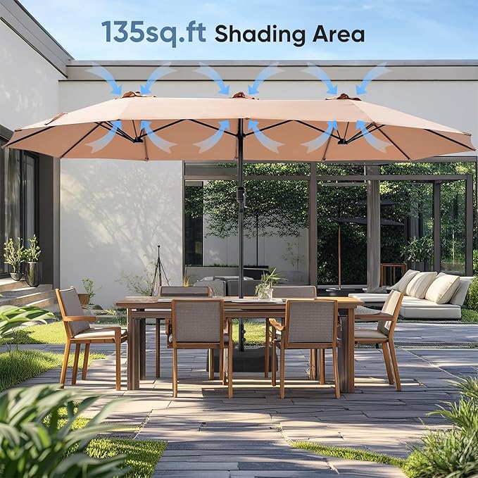 DUMOS 15FT Large Patio Umbrella with Base Included, Heavy Duty Extra Wide Outside Umbrella with 12 Ribbed Bars, Rectangle Outdoor Table Umbrella for Patio, Backyard, Pool, Deck & Garden,Khaki