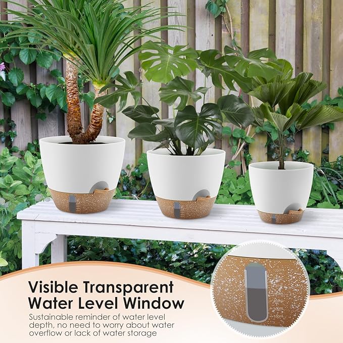 Self-Watering Plant Pots with Water Level Indicator, Drainage Holes & Saucers – 12/10/9 Inch Large Plastic Planter Set for Indoor & Outdoor Plants (White)