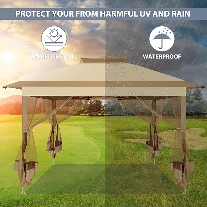 COBIZI 11x11 FT Pop up Gazebo Canopy Tent - Outdoor pop up gazebos on Clearance,carpas para Patio,Shelter - Screen Tents with Portable Carry Bag,Patio Gazebos for Camping,Garden,Deck,Backyard,Khaki