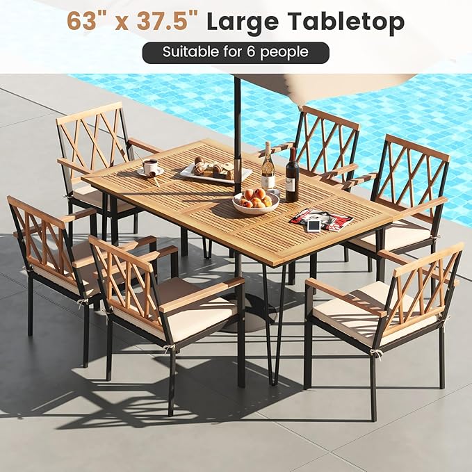 Tangkula 63" Large Patio Dining Table for 6, Acacia Wood 6-Person Dining Table with 2" Umbrella Hole & Metal Legs & Adjustable Foot Pads, Rectangular Outside Table for Garden, Poolside & Backyard