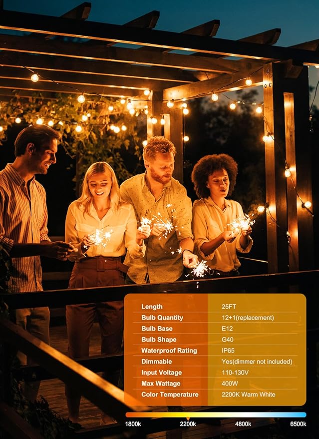 Brightown Outdoor String Lights, 25FT 12+1 G40 Bulbs Shatterproof Patio Lights, IP65 Waterproof Dimmable Hanging Connectable Globe LED Outdoor Lights for Backyard, Bistro, Porch, Deck, Balcony