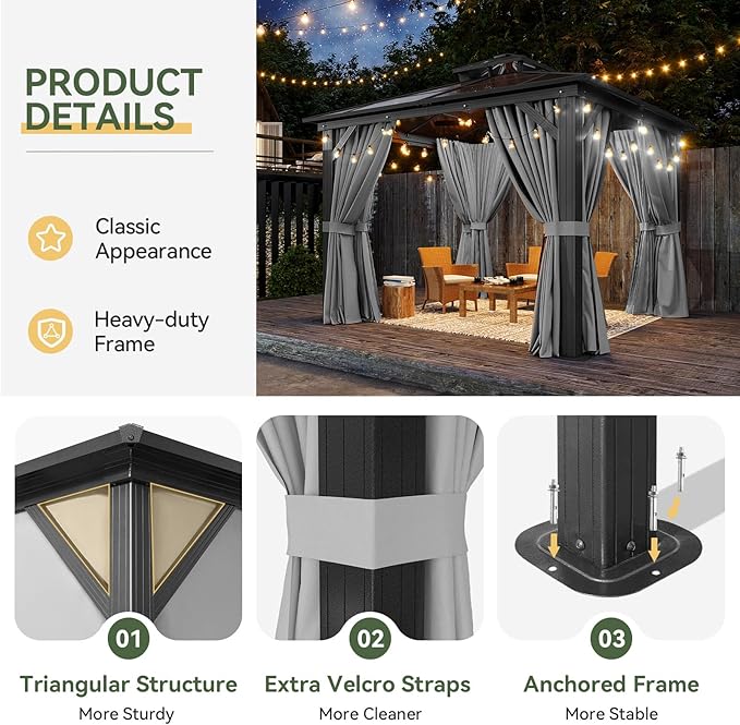 Aoxun 10'x10' Hardtop Gazebo, Outdoor Polycarbonate Double Top Canopy, Aluminum Frame Gazebo with Netting and Curtains, Sunshade for Patios, Gardens, Lawns, Gray