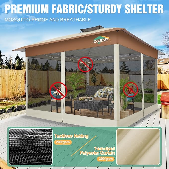 COBIZI Gazebo 13x13 Pop Up Canopy, Gazebos on Clearance - Canopy Tent with Mosquito Netting for Lawn, Garden, Backyard & Patio - Carpas para Patio- Water Resistant and UPF50+ (Khaki)