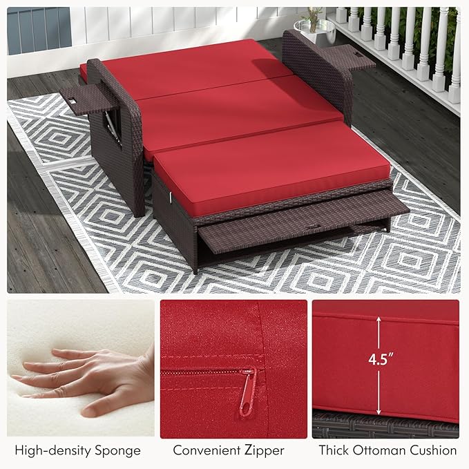Nightcore Wicker Patio Outdoor Daybed, Outdoor Chaise Lounger w/ 4-Level Adjustable Backrest, Retractable Side Trays, Storage Ottoman, Comfortable & Removable Cushions, Rattan Loveseat (Red)