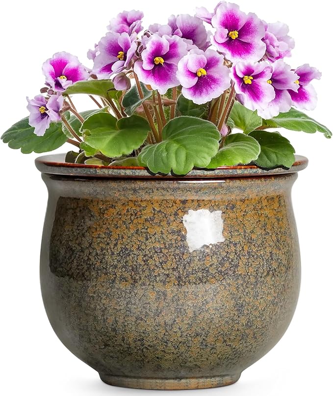 Self Watering Planters for Indoor Plants, 6 Inch Ceramic African Violet Pots with Absorbent Inner Pot, Ceramic Plant Pot, Round Flower Pots, Bathroom Decor, Housewarming Gifts, Yellowish Brown