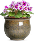 Self Watering Planters for Indoor Plants, 6 Inch Ceramic African Violet Pots with Absorbent Inner Pot, Ceramic Plant Pot, Round Flower Pots, Bathroom Decor, Housewarming Gifts, Yellowish Brown