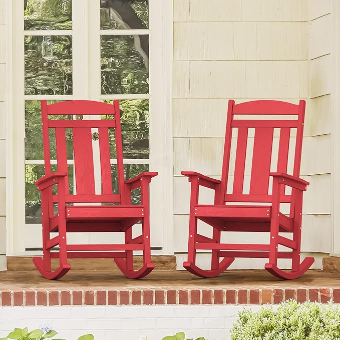 LUE BONA Outdoor Rocking Chairs Set of 4, HDPS Porch Rocker with High Back, Plastic Weather Resistant Rocking Chairs for Outdoor Indoor, Garden, Backyard, 350lb, Bright Red