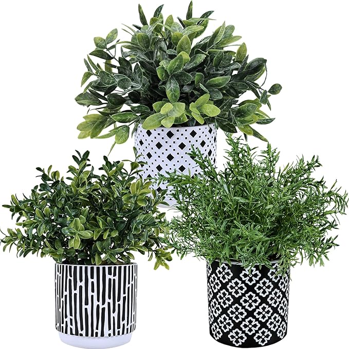 Winlyn 3-Pack Artificial Potted Plants - Faux Eucalyptus, Rosemary, Boxwood Greenery in Small Black & White Geometric Concrete Pots -Desk, Table, Shelf, Windowsill Decor for Indoor Outdoor Home Office