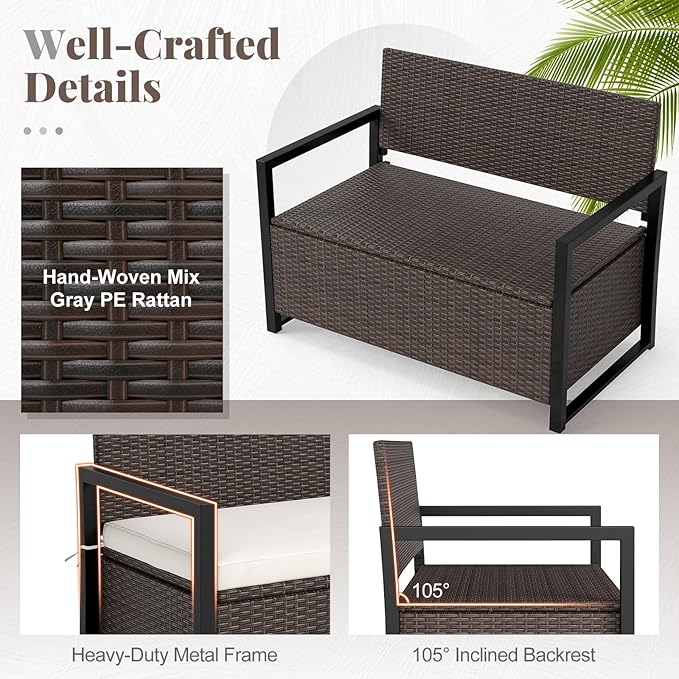 RELAX4LIFE Wicker Outdoor Bench with Storage - Rattan Deck Box w/Protective Liner for Pillows, Pool Supplies, Garden Tools, Patio Loveseat with Seat Cushion & Metal Armrests for Backyard Porch Balcony