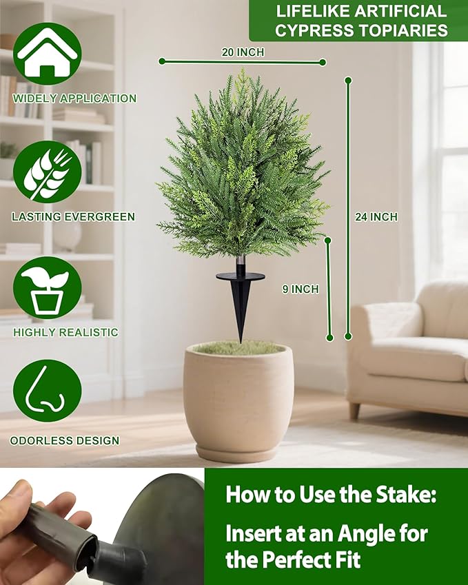 2 Pack Artificial Cypress Topiary Ball Trees with Ground Spike, 24" Norfolk Fake Bushes Shrubs UV Resistant Faux Plants Greenery for Outdoor Planters Garden Front Porch Pot Urn Fillers Spring Decor