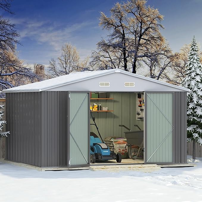 Greesum 10×8FT Outdoor Storage Shed, Metal Patio Storaged Sheds with Lockable Doors, Sheds & Outdoor Storage for Patio, Backyard, Pool and Garden, Gray