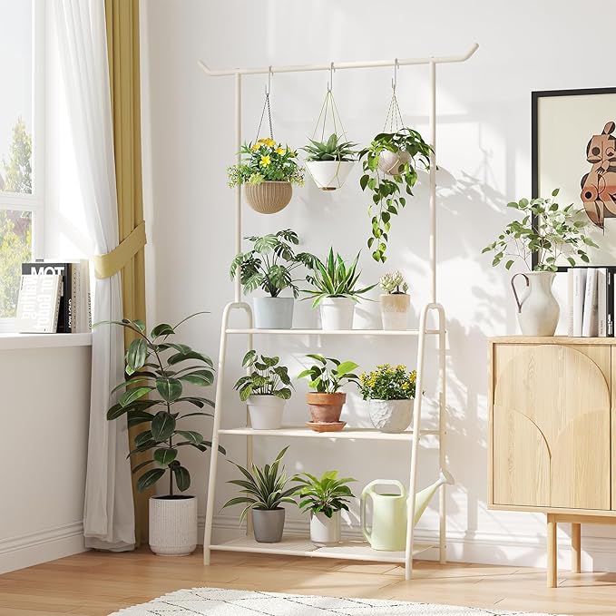 Plant Stand Indoor Outdoor,Metal Plant Stands for Multiple Plants,3 Tier Tall Hanging Plant Shelf,Large Heavy Duty Flower Holder Ladder Plant for Living Room, Patio, Balcony (White)