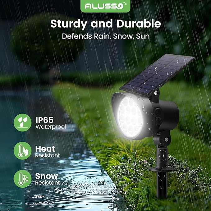 ALUSSO® Solar Landscape Spotlights 3CCT, Dimmable Solar Spot Lights Outdoor, 30° Beam Angle Solar Powered Lights Dusk to Dawn,IP65 Waterproof Flag Pole Solar Light for Yard Pathway Garage Patio,4 Pack