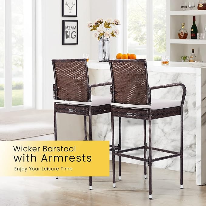 VIVOHOME 4 Packs Outdoor Wicker Barstool Patio Rattan Furniture with Armrests and Cushions, Brown
