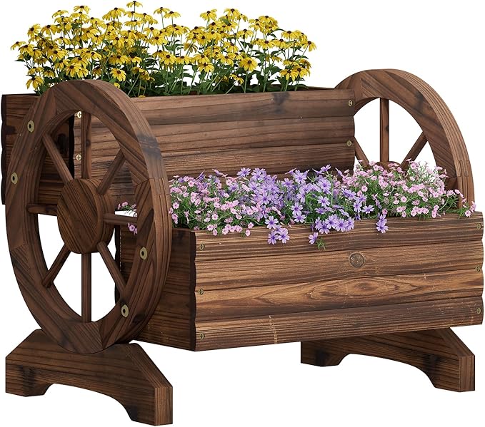 Wooden Wagon Planter Flower Cart with Wheels Garden Box Garden Planter, Decorative Planter for Flowers Herbs Vegetables for Indoor & Outdoor Décor Flower Cart for Patio Garden Balcony (Carbonized)