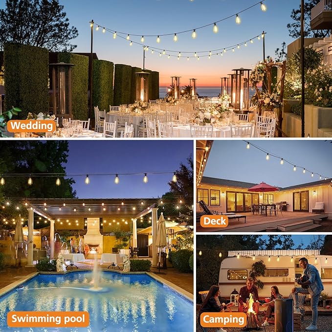 Brightever 150FT Outdoor Lights with Remote, 2700K/4000K/5000K Selectable LED String Lights for Outside with 75+2 ST38 Shatterproof Edison Bulbs, 3 Modes Dimmable Waterproof Hanging Lights for Patio