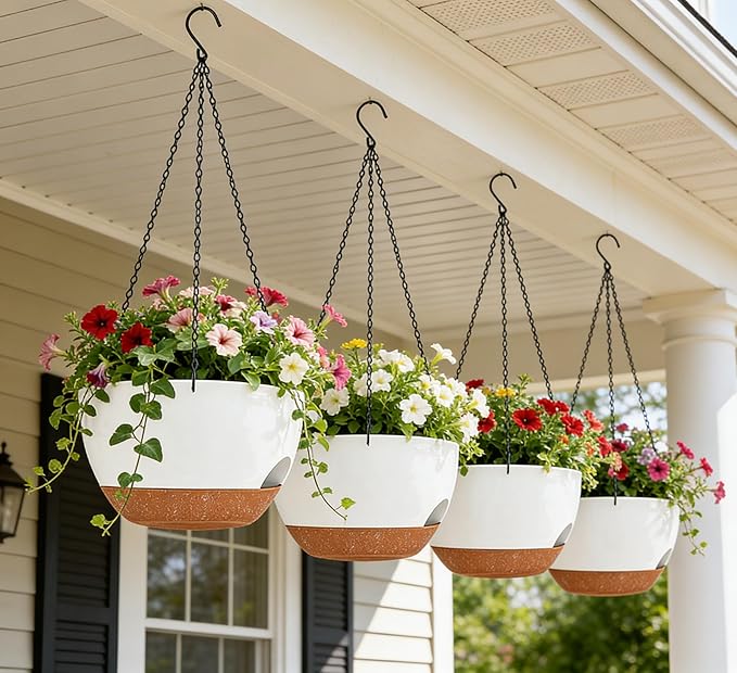 Set of 2-8 Inch Self Watering Hanging Planters for Indoor Outdoor，Hanging Plant Pots with Drainage & Removable Tray, Hanging Pots Holder for Ivy, Pothos, Ferns, Balcony & Patio, White Brown