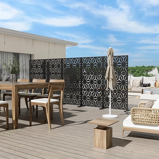 Casaphoria Metal Privacy Screen Outdoor, 72" H x 35" W Freestanding Decorative Privacy Screen for Patio Deck Balcony Garden with Stable Base, Black-Star