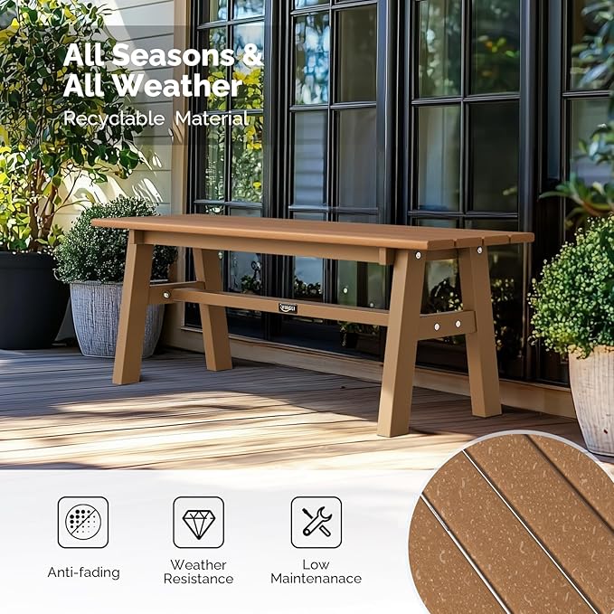 VINGLI 47” Outdoor Bench Garden Bench HDPE Porch Bench w/Metal Legs, Poly Lumber Patio Bench, 660 LBS Capacity Outdoor Backless Bench(Teak)