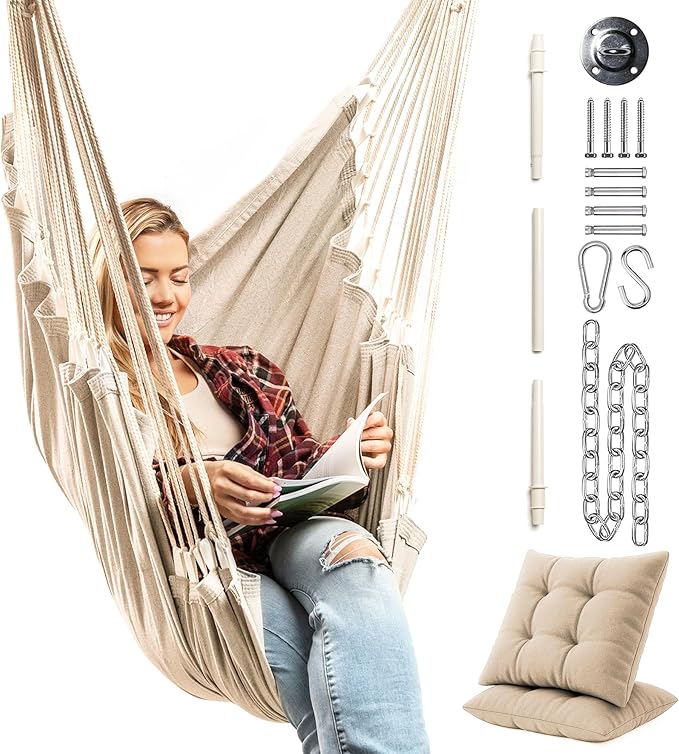 Hanging Hammock Chair Swing – Hanging Chair Outdoor & Indoor - Hammock Swing Chair – Quick & Easy Setup with Hardware Kit – Durable & Spacious Full Body Support with 2 Plush Cushions – Holds 440 Lbs