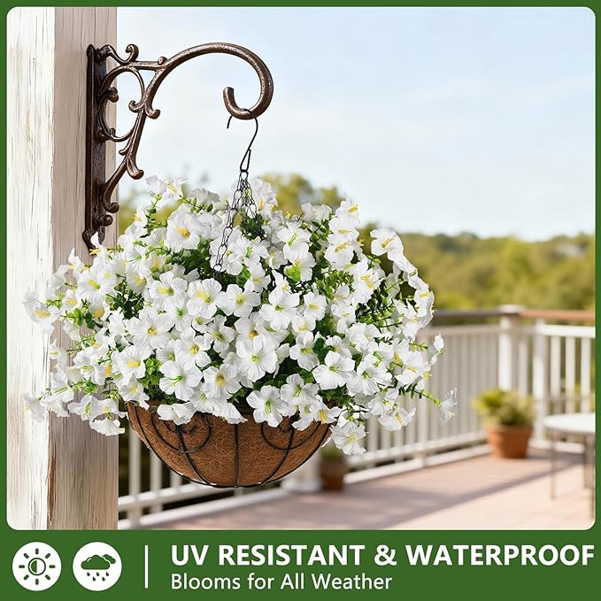 INQCMY Artificial Fake Petunias Flowers for Outdoors Spring Decoration, 12 Bundles Faux Flower Plants UV Resistant White Realistic Silk Flower for Outside Planters Patio Porch Yard Window Box