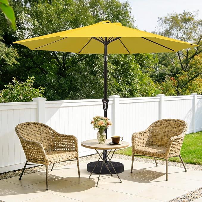 MEWAY 9ft Patio Umbrella Outdoor Table Umbrellas with Push Button Tilt and Crank, Market Umbrella 8 Sturdy Ribs for Deck, Garden, Pool and Backyard, Yellow