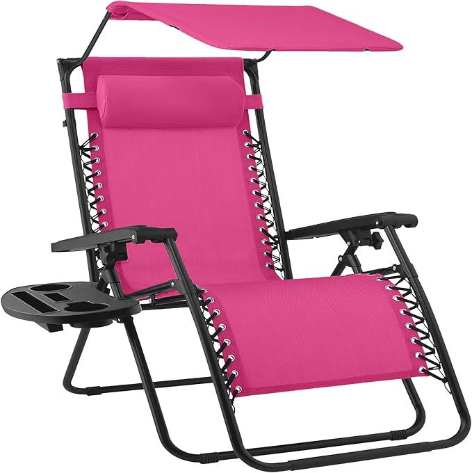 Best Choice Products 30” Wide Folding Zero Gravity Outdoor Recliner Patio Lounge Chair w/Adjustable Canopy Shade, Headrest, Side Accessory Tray - Hot Pink/Black