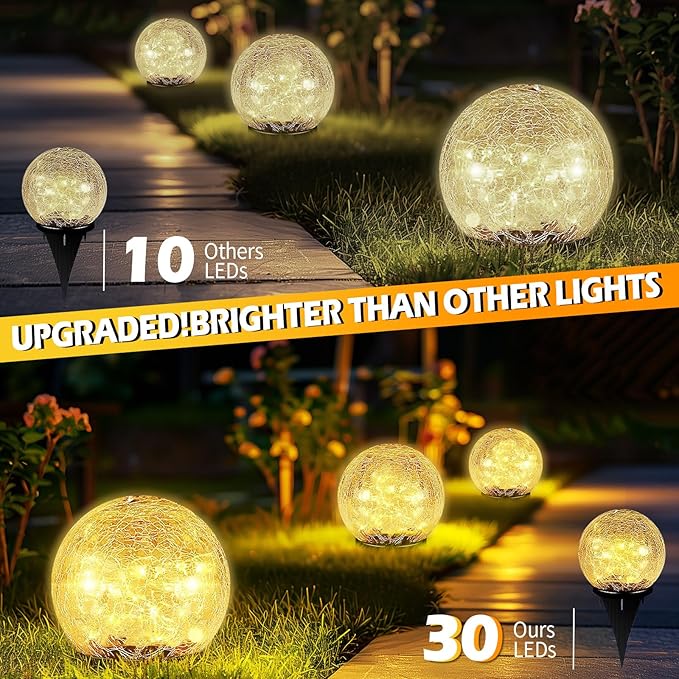 Coroor Garden Solar Ball Lights Outdoor Waterproof, 30 LED Cracked Glass Globe Solar Power Ground Lights for Path Yard Patio Lawn, Christmas Decoration Landscape Warm White(2 Pack 3.9'')