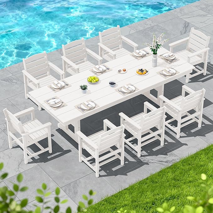 SERWALL 9 Piece Outdoor Dining Set, 84" HDPE Outdoor Table and Chairs for 8，All Weather Patio Furniture Set with Umbrella Hole for Backyard, Garden, White