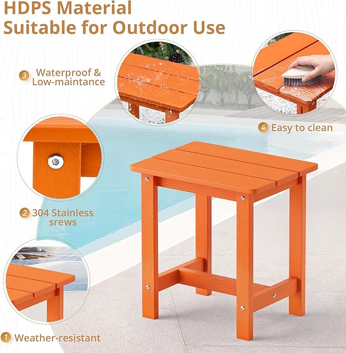 LUE BONA Outdoor Side Table, HDPS Small Outdoor Table, Adirondack Side Table, Outside End Table for Patio, Porch, Deck, Pool, Weather Resistant/Easy Maintenance/Indoor or Outside Use, Orange