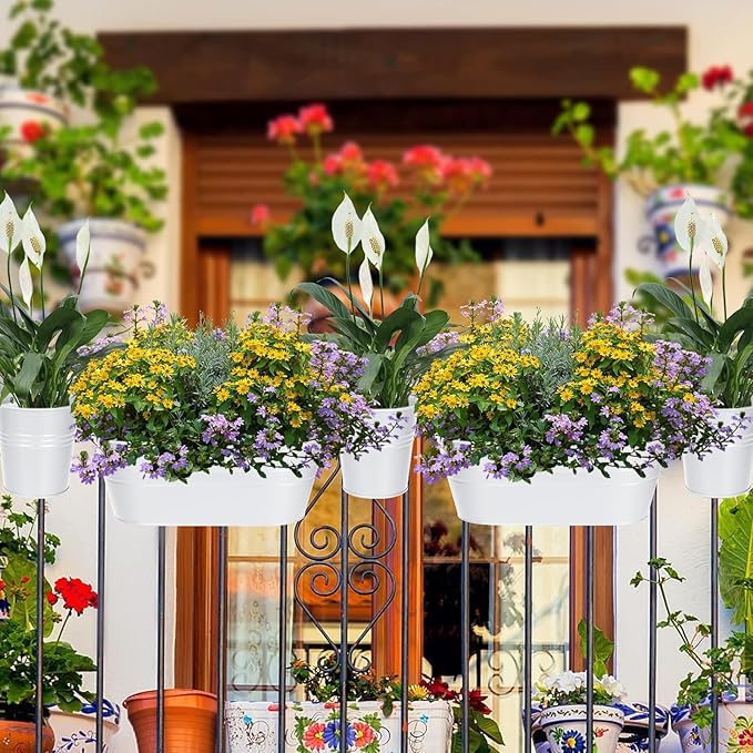 HowRU Metal Iron Flower Pots for Railing Fence Hanging Bucket Pots(5 Pcs) and Hanging Flower Pots Metal Iron Bucket Planter(10 Pcs) (White)