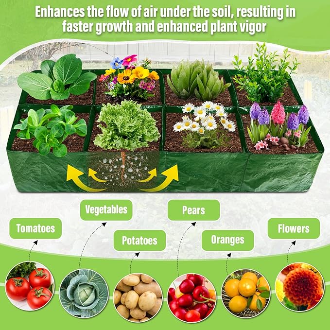 Fabric Raised Garden Bed, 2 Pack 8 Grids and 4 Grids, 128 Gallon Rectangle Grow Bags with Drainage Holes, Breathable PE Planting Containers for Outdoor Vegetables Fruits Flowers