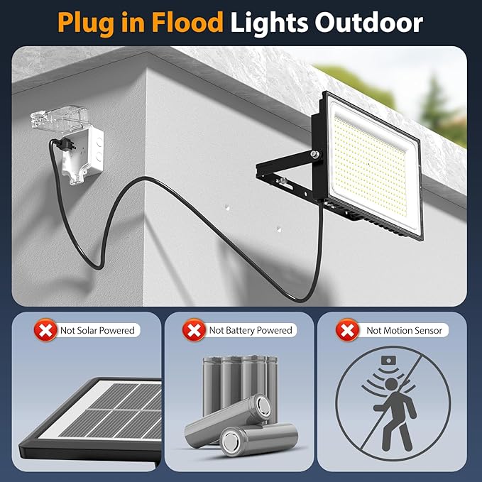 Onforu 300W Flood Lights Outdoor,30000lm Bright LED Work Light with Plug,6500K Daylight White LED Stadium Lighrs,IP66 Waterproof Security Yard Lights for Yard Garage Stadium 2 Pack