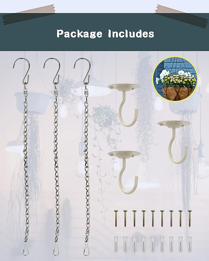NACETURE Ceiling Hooks for Hanging Plants 3 Pack - Plant Hanger Indoor Hanging Hooks Metal Plant Bracket Iron Lanterns Hangers for Wind Chimes (White 3 Pack + Chain)