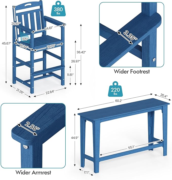 Ciokea 3 Pcs Outdoor Bar Height Table Set, 60" Extra Long Rectangle High Top Table and 2 Oversized Adirondack Chairs, Heavy-Duty All-Weather HDPE Patio Bar Set for Backyard Balcony Deck, Navy Blue
