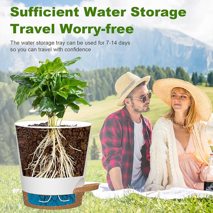 Self Watering Pots, 7/6.5/6/5.5/5/4 inch Flower Pots with Multi Mesh Drainage Holes, Small Platic Planters for Indoor Outdoor Garden Plants and Flowers (Whtie with Brown Tray, 7"+6.5"+6"+5.5"+5"+4")