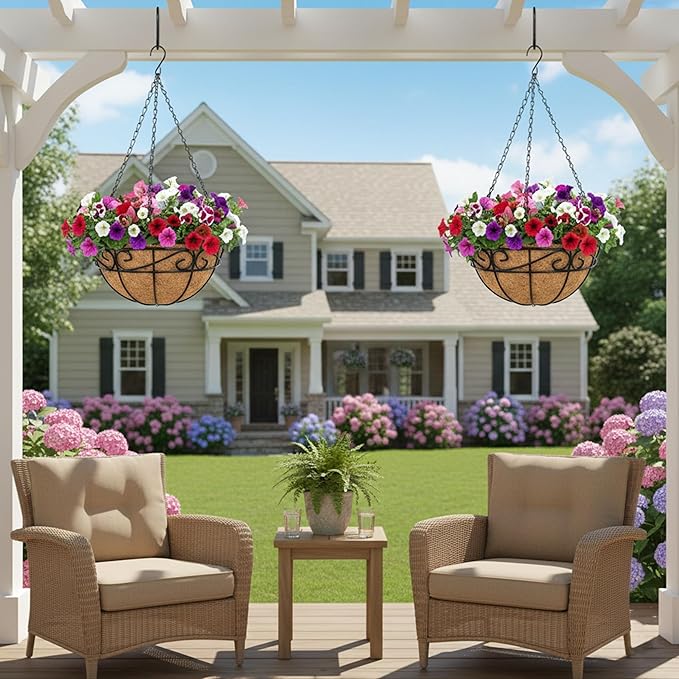 Outdoor Metal Hanging Planters Basket (4pack, 14 inch) Hanging Baskets for Plants Chain Round Wire Plant Holder with Coco Fiber Liners for Garden, Patio, Deck, Porch(Flower Border)