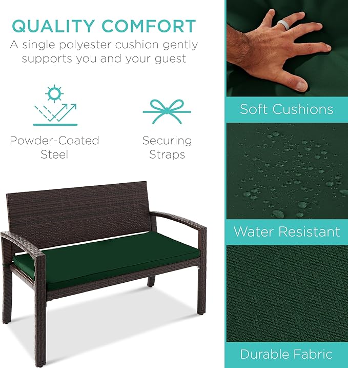 Best Choice Products Outdoor Bench 2-Person Wicker Garden Patio Benches Seating Furniture for Backyard, Porch w/Seat Cushion, 700lb Capacity - Midnight Green/Brown